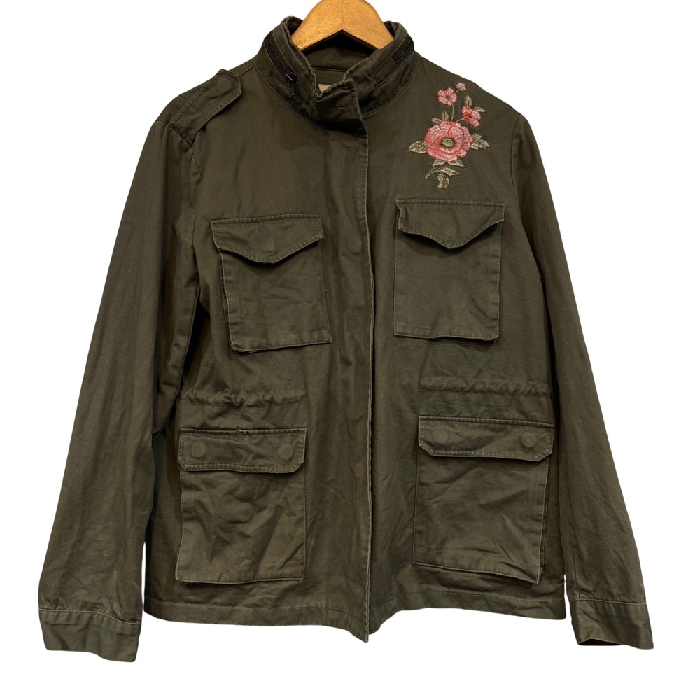 En Creme Olive Green Floral Embroidered Utility‎ Jacket Military Cargo Womens L